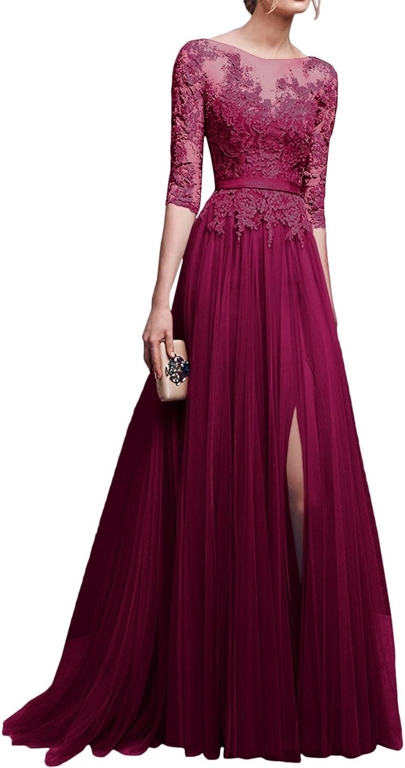 Babyonlinedress Damen Abendkleider Lang Schlitz Spitzenkleider