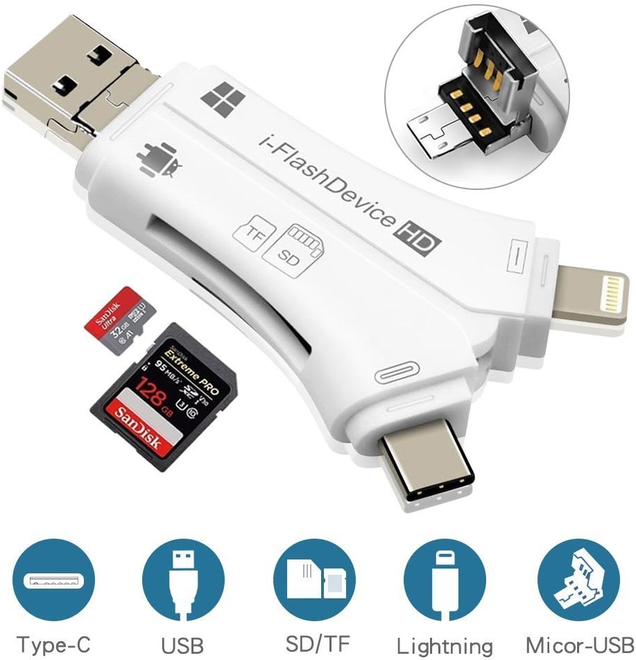 Asipartan 32-in-1 iphone/Micro usb/USB Type-c/USB SD Card Reader Portable,Animoeco Memory Card Reader for SDXC/SDHC/ SD/MMC/ RS-MMC/Micro SDXC/Micro SD/Micro SDHC Card and UHS-I Cards (white)
