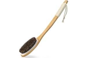eaxun Bamboo Shower Brush with Curved Long Handle, 16.7 Inches Exfoliating Back Scrubber with Natural Bristles for Men & Women, Back Exfoliator Body Washer for Bath or Dry Brushing
