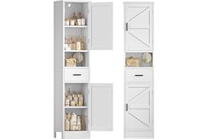 TEENFON Tall Bathroom Storage Cabinet with Barn Doors, Narrow Bathroom Cabinet with Drawer, Narrow Storage Unit, Adjustable Shelves, Floor Cabinets for Living Room, Entryway, Kitchen, White