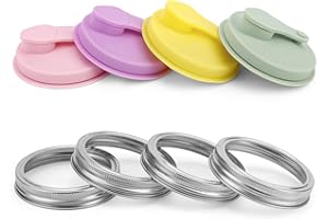 4pcs Mason Jar Drinking Lids Set, Reusable Silicone Coffee Sip Lid with Stainless Steel Rings for Wide Mouth Mason Jar Home C