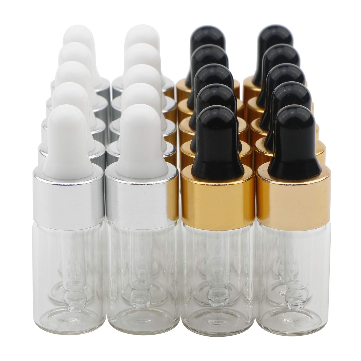 Ellbest 20 Pcs 3ml Refillable Mini Clear Glass Dropper Bottles with Glass Pipette Dropper Rubber (Gold Cap and Silver Cap) Small Essential Oil Bottle with Glass Eye Dropper