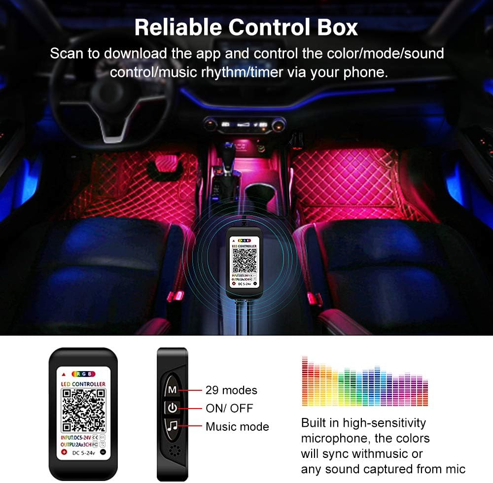 Car Interior Lights - Waterproof Car LED Lights 4pcs 48 LED App Control and Remote Control Car Atmosphere Lights, DIY Multi Color Music Sound-activated Car Lighting Kit Suitable for Various Cars: Automotive