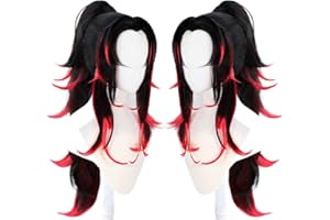 Anogol Hair Cap+Tsugikuni Yoriichi Wig Black Wig with Red Hightlight for Anime Cosplay, Synthetic Black and Red Wig for Halloween Costume Wig, Long Wavy Ponytail Wig Costume for Halloween Party Wig