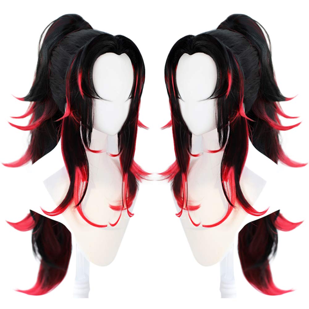 Photo 1 of ANOGOL Hair Cap+Tsugikuni Yoriichi Wig Black Wig with Red Hightlight for Anime Cosplay Synthetic Black and Red Wigs Long Wavy Ponytail Wigs Costume for Halloween Party