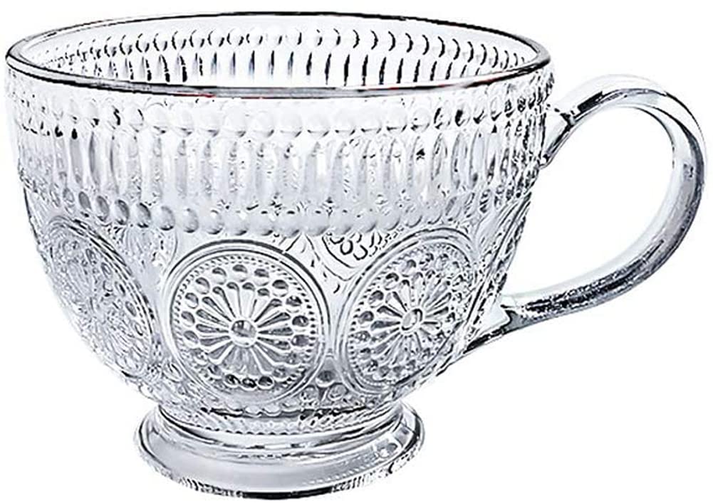 KKGUD Vintage Embossed Sunflower Glass Teacup, 14oz Coffee Mug, Yogurt Bowl, 1 Set