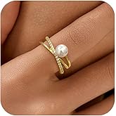 FUNYCHEN 6mm Pearl Ring for Women Dainty X Criss Cross Gold Pearl Ring Stackable 925 Sterling Silver Cubic Zirconia Open Ring Promise Rings Birthday Valentine's Day Wedding Jewelry Gifts for Her Mom