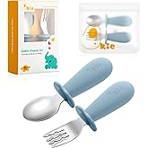 Qkie Toddler Utensils, Toddler Forks and Spoons, Baby Spoons Self Feeding, Stainless Steel Baby Silverware with BPA Free Silicone Easy Grip, 8 Months+