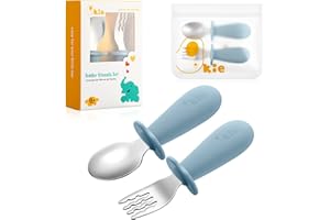 Qkie Toddler Utensils, Toddler Forks and Spoons, Baby Spoons Self Feeding, Stainless Steel Baby Silverware with BPA Free Silicone Easy Grip, 8 Months+
