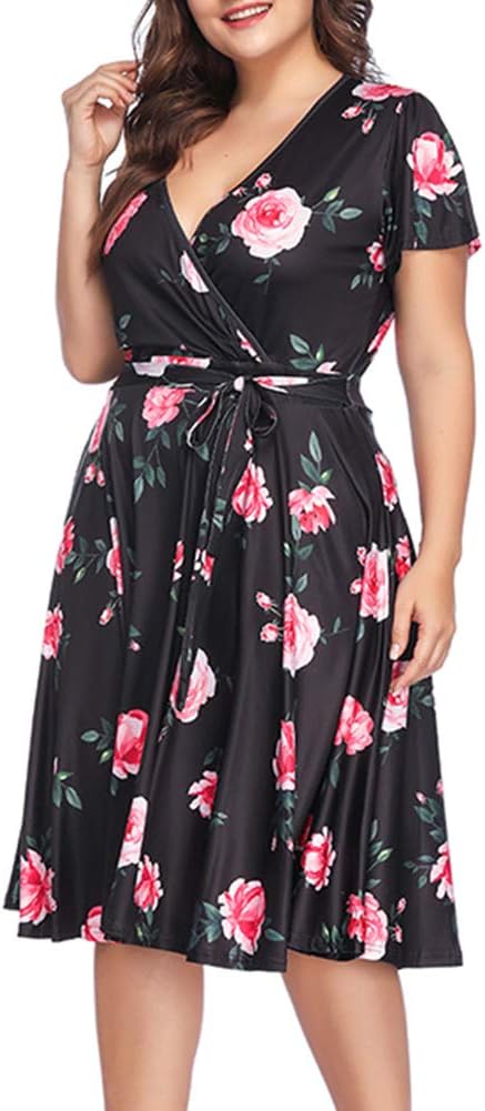 ORICSSON Plus Size Dress Crossed Deep V-Neck Short Sleeve Summer Casual Midi for Women