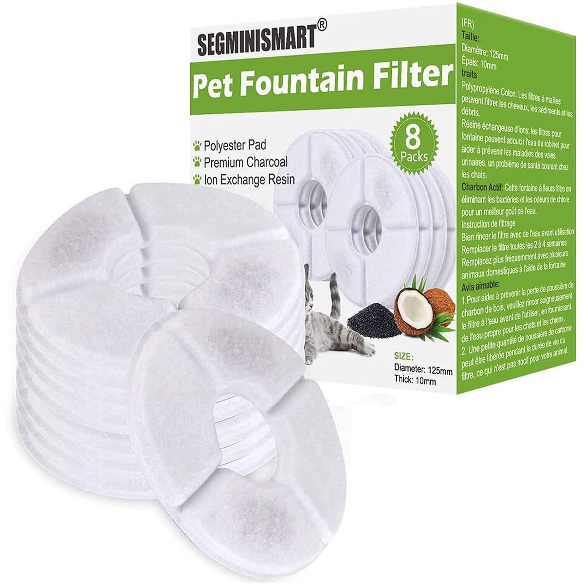 SEGMINISMART Pet Fountain Filter,Cat Water Fountain Filter,Carbon Replacement Filters for Pet Fountain,Cat and Dog Automatic Flower Water Dispenser(Pack of 8)