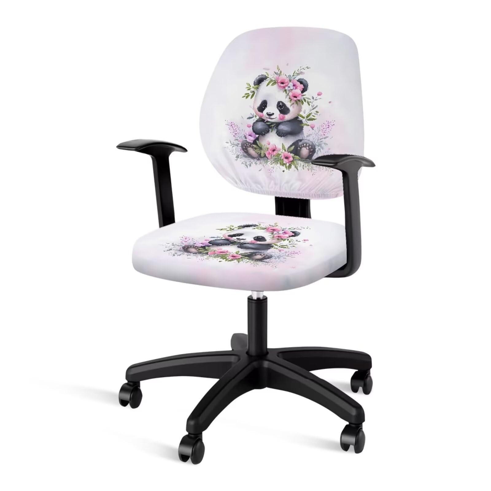 Xoenoiee 2 Pieces Office Chair Covers Protective Seat Slipcover and Backrest Cover Stretchable Slipcover Computer Chair Cover, Cute Panda Floral Print