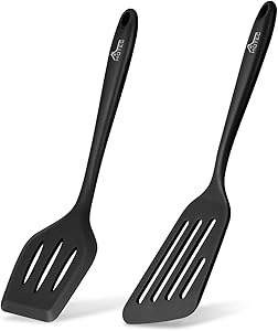 Hotec 2 pieces Food grade Silicone Slotted Fish Turner Spatula Set Kitchen Utensils for Baking, Cooking Heat Resistant Non Stick Cookware Strong Stainless Steel Core Inside Dishwasher Safe … (Black)