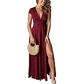 Yuopeid Women's Sexy Deep V Neck Solid Color Pleated High Waist Slit Club Party Evening Long Maxi Dress