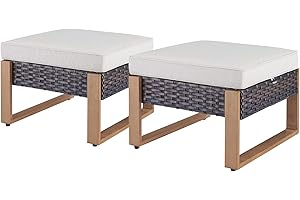 Rilyson Outdoor Ottoman Wicker Patio Footrest - 2 Piece Wicker Footrest Footstools Set with Sturdy Frame,All-Weather PE Wicker, Thick Cushions for Deck Porch Garden(Brown/Beige)