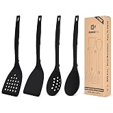 BUNDLEPRO Silicone Cooking Utensils Set, 4 Pcs Spatula and Spoon Set, Black | One-Piece, Non-Stick, Heat Resistant Kitchen Utensils with Back Hooks for Frying, Serving, Turning, Stirring