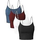 Basic Solid Cropped Spaghetti Strap Camisole, Crop Tank Top with Built in Bra for Women, Short Sports Workout Yoga Fitness Sleeveless Double Layer Longline Bralette Cami Black+White+Wine+Blue, L