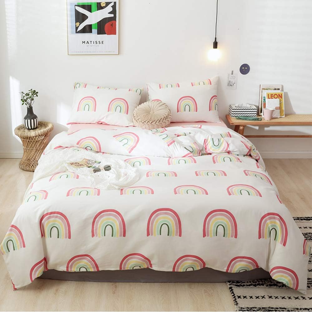 Pink Rainbow Bedding Sets Twin Duver Cover for Girls Cotton Twin Duvet Cover Sets Cartoon Printed Bedding Sets 3 peices with Zipper Ties for Teen-Girls Womens Comforter Cover Twin with 2 Pillowcases