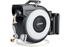 Tuyeho Retractable Garden Hose Reel 5/8" x 90 ft, Wall Mount Water Hose Reels with Automatic Slow Rewind System, Outdoor Hoses Reel with 2 Hose Nozzles for Garden Watering, Car Wash, Pet Shower