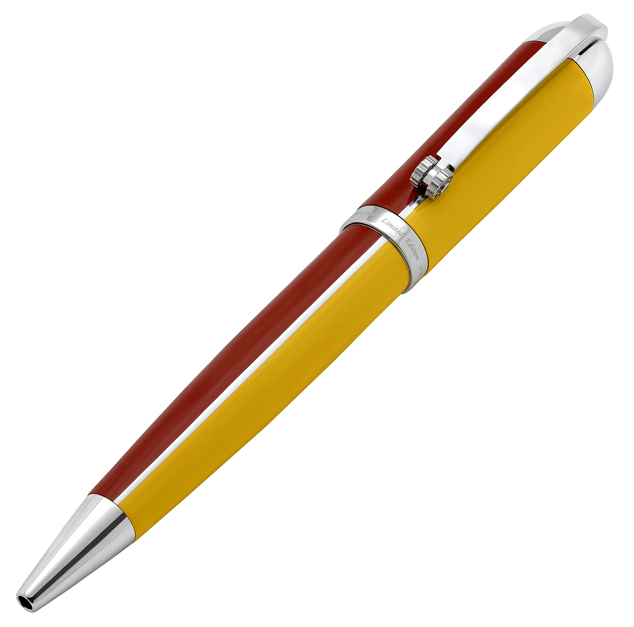 Xezo Visionary Medium Brass and Aluminum Ballpoint Pen, Hand Lacquered in Aspen Gold and Red Color. Numbered in Limited Edition of 500. Classic Art Deco Color Disposition, Retrofuturistic Body Style