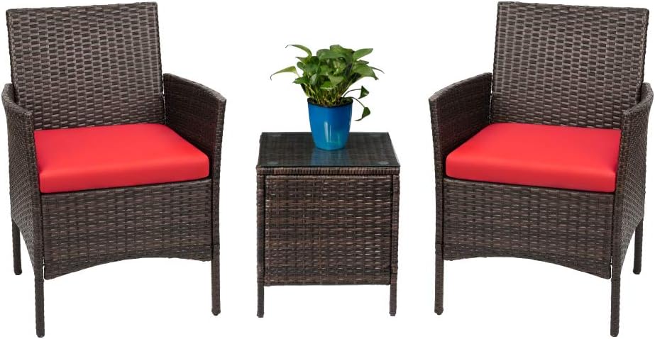 Devoko Patio Porch Furniture Sets 3 Pieces PE Rattan Wicker Chairs with Table Outdoor Garden Furniture Sets (Brown/Red): Garden & Outdoor