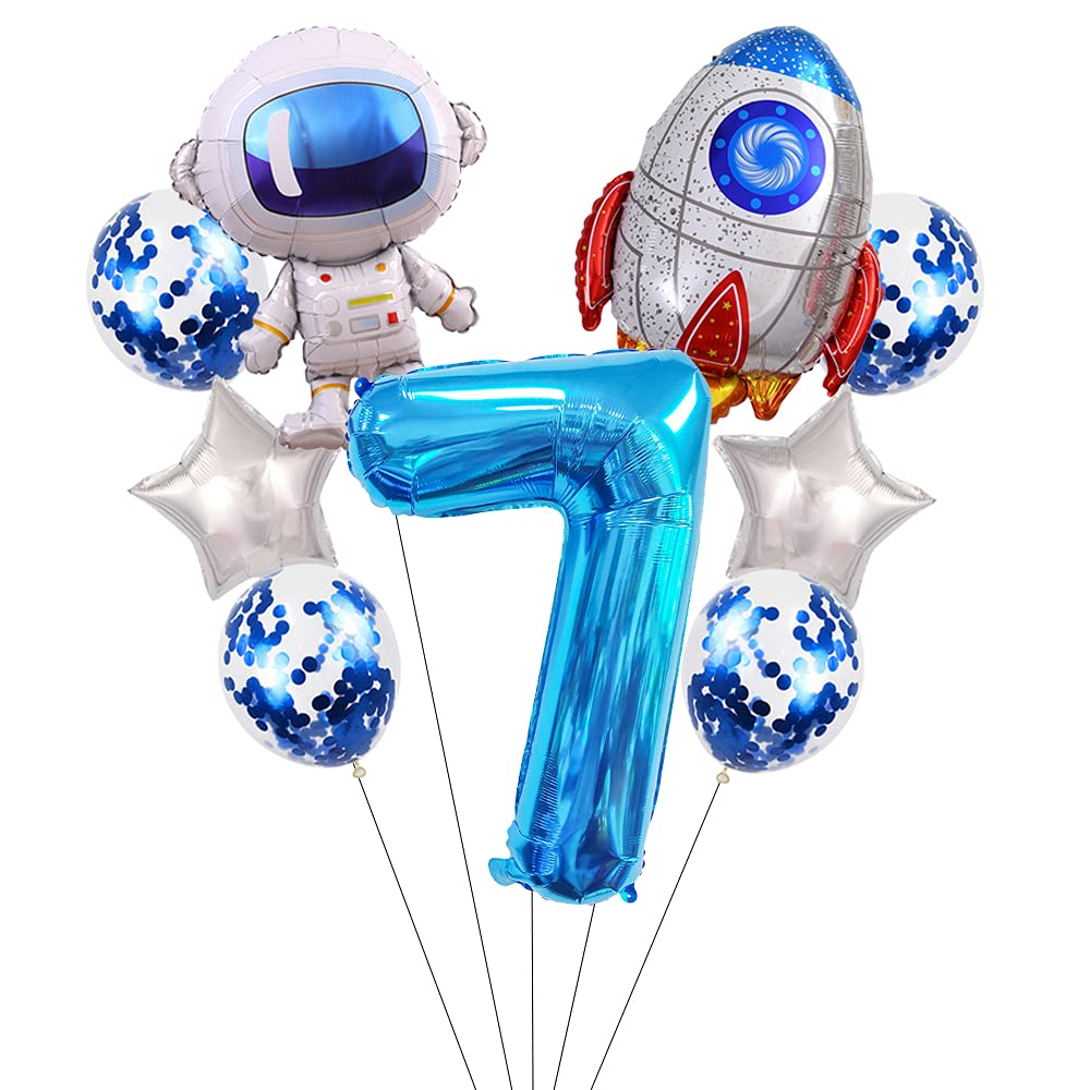 Liitata Outer Space Birthday Party Decorations Spaceman Themed Party Supplies Huge Size Astronaut Rocket Aluminum Balloon 32 Inch Blue Number 7 Foil Balloon for Kids Boy Birthday Party