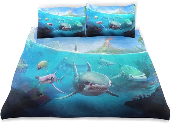 Hungry Shark World X iOS Android Shark 3 Piece Bedding Bedding Duvet Cover 3 Piece Set 1 Duvet Cover 2 Pillow Shams with Zipper Closure (Twin) Toddler Bed 3 Piece