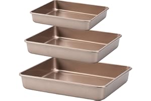 CAMOFOXIN Nonstick Roasting Pan, Deep Baking Pan Set, Large Cake Pan Sets for Oven, 3-Piece Brownie Pan （Gold）