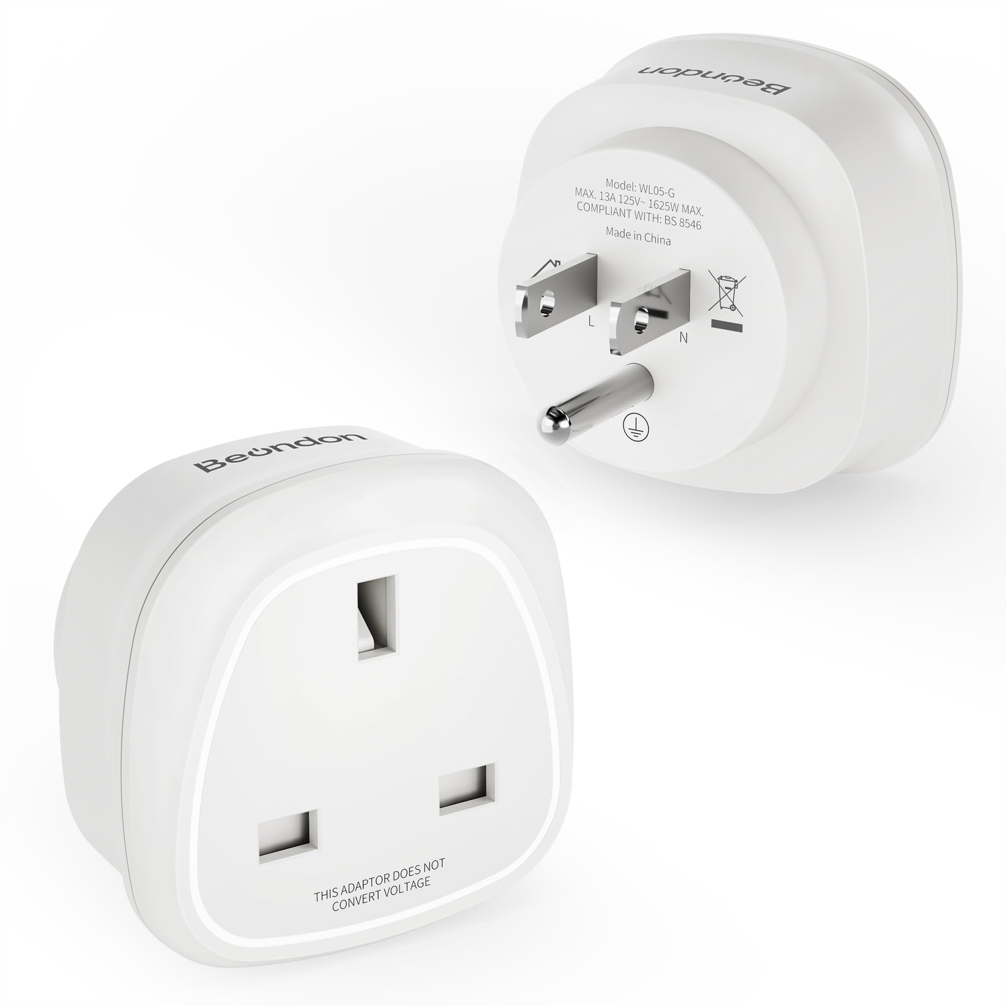 Photo 1 of 2 Pack UK to US Plug Adapter, BEONDON Grounded US Outlet Converter, UK Ireland Hong Kong (Type G) to US (Type B) Plug Adaptor, Use Your British Devices in US Sockets