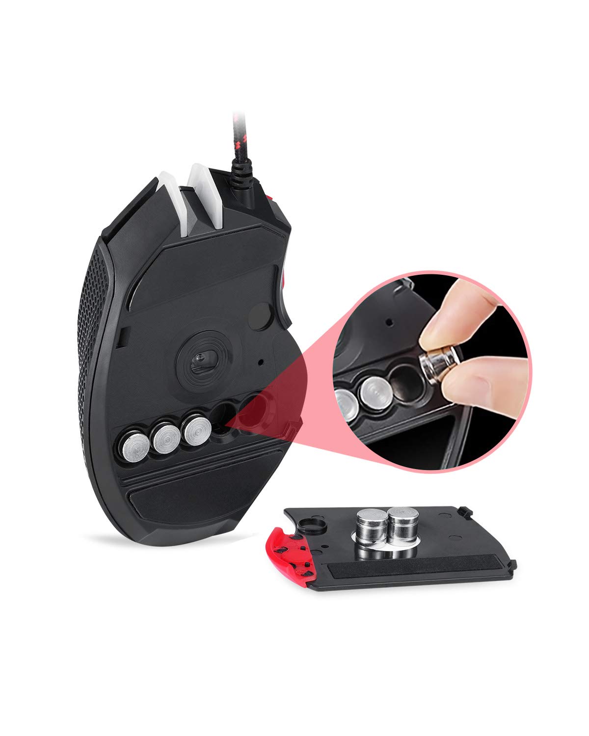 [Wired Gaming Mouse 4000 DPI 9 Buttons Programmable] EasySMX V18 Optical Mouse Weight Tuning Set Non-slip Design with LED Light Fire/Sniper Button for Laptop PC Computer Gamer (Black and Red)