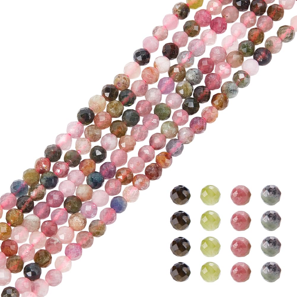 HOBBIESAY 2 Strands 3mm Faceted Natural Tourmaline Beads Round Loose Mixed Color Spacer Beads for DIY Necklace Bracelets Earring Making, Hole:0.5-0.6mm
