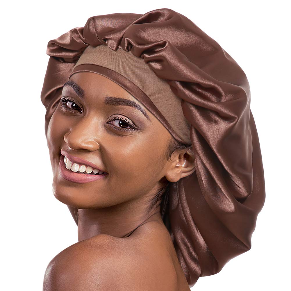 Alnorm Satin Sleep Caps for Women Curly Hair Night Hat Coffee