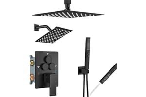 Aolemi Shower Faucet Set Ceiling Mount Shower System Rough-in Valve and Shower Trim Kit 10 and 6 Inch Dual Shower Head 2 in 1 Handheld Spray Push Button Diverter Matte Black