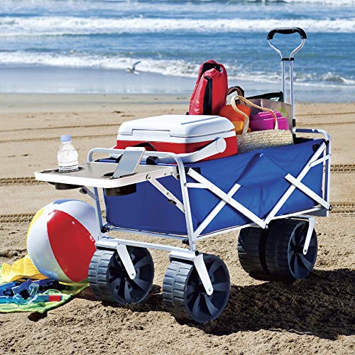 Mac Sports Heavy Duty Collapsible Folding All Terrain Utility Beach Wagon Cart with Side Table and Straps, Blue/Black - Thumbnail 5