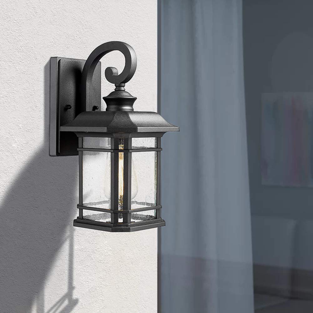 Emliviar Outdoor Wall Lantern Lights, 1-Light Exterior Wall Sconce Lamp, Black Finish with Clear Seeded Glass, 2084B BK