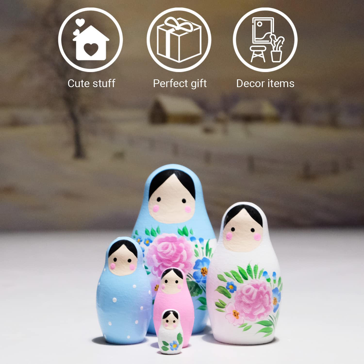AEVVV Russian Nesting Dolls Set - 5 pc Matryoshka Dolls, Kawaii Room Decor and Desk Accessories