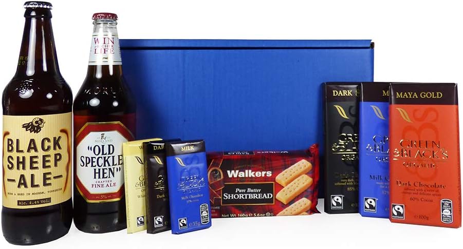 Gents Beer and Chocolate Survival Kit - Blue Box Hamper with 500ml Old Speckled Hen Ale, 500ml Black Sheep Ale, Green and Blacks Chocolates and Shortbread