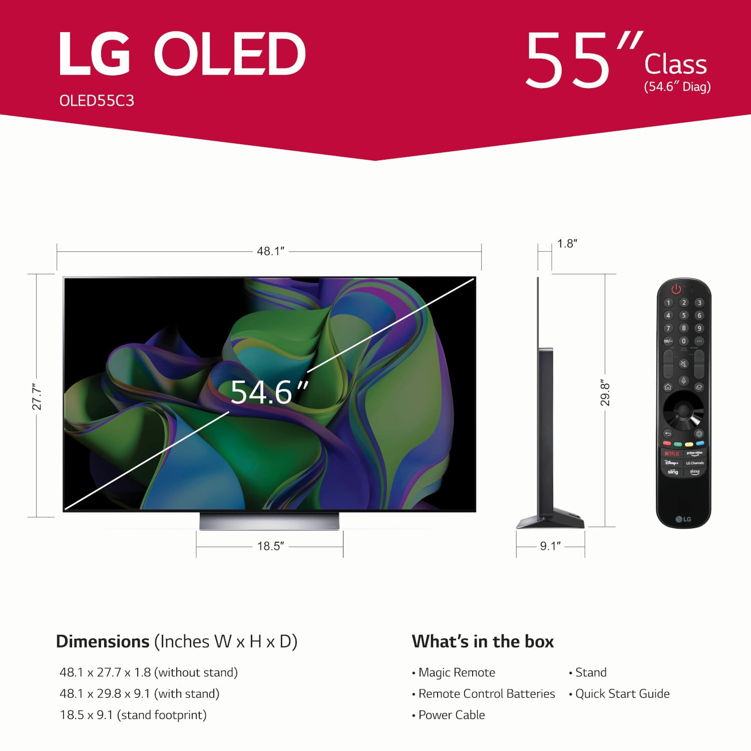 LG C3 Series 55-Inch Class OLED evo 4K Processor Smart Flat Screen TV for Gaming with Magic Remote AI-Powered OLED55C3PUA, 2023 with Alexa Built-in
