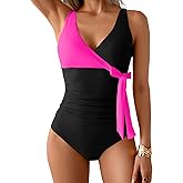 B2prity Women's One Piece Swimsuit Tummy Control Slimming Bathing Suit V Neck Swim Suit Color Block Tie Side Swimwear