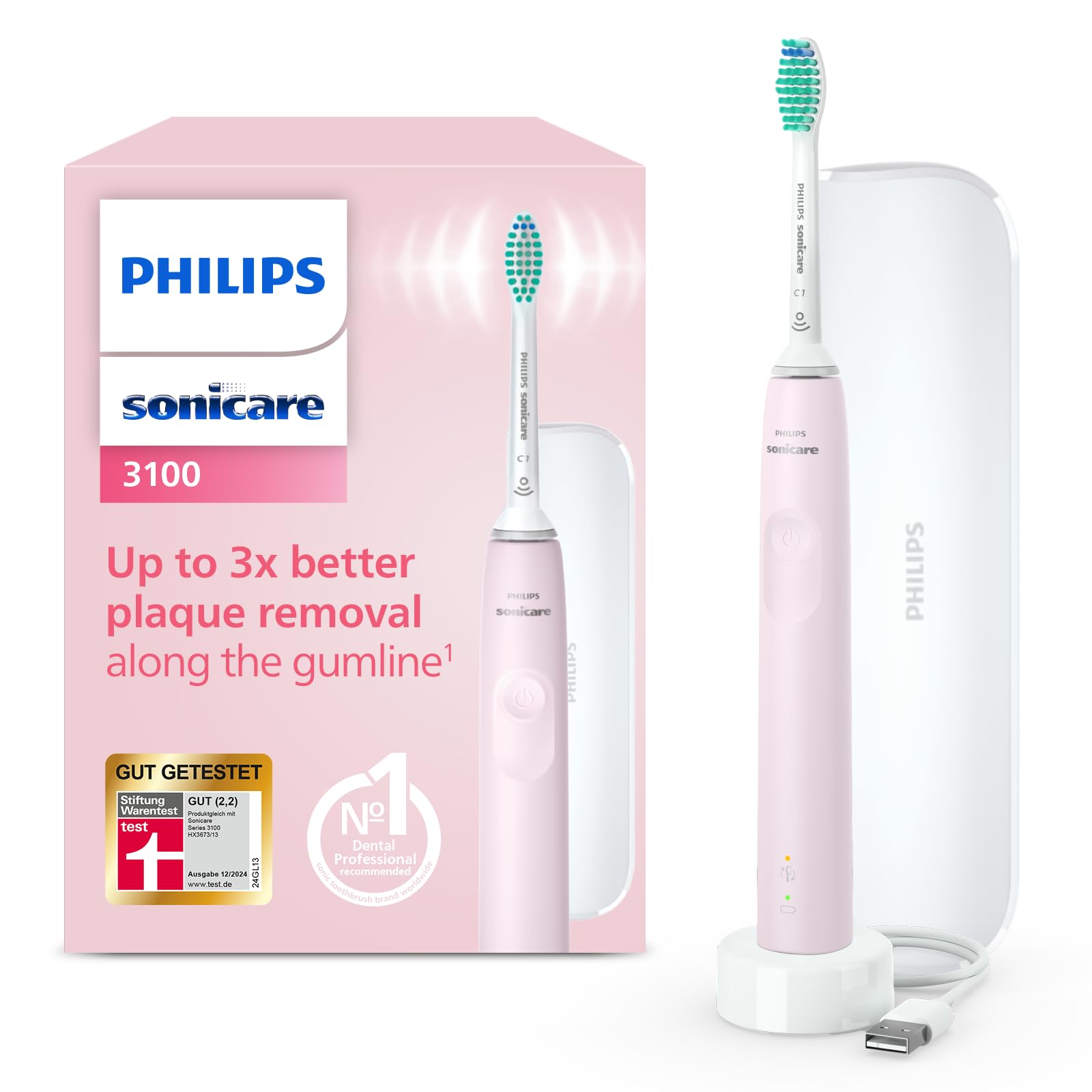 Philips Sonicare 3100 elektrische Zahnbürste, Schallzahnbürste, Andruckkontrolle und Timer, Reiseetui, Sugar Rose, Modell HX3673/11