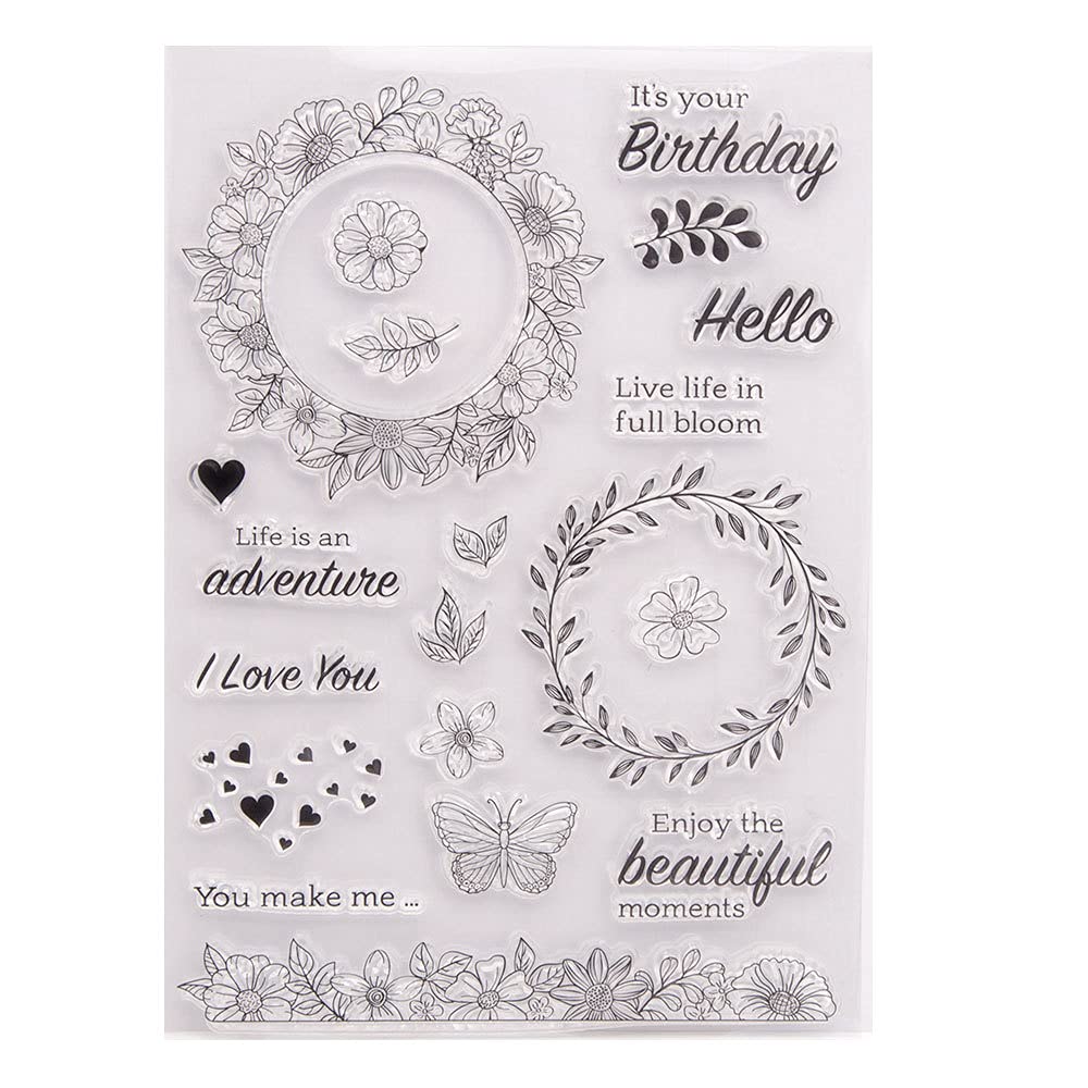 Arbuya DIY Leaves Flowers Love You Birthday Beautiful Moments Floral Phrase Decorative Clear Stamp for Card Making Scrapbooking DIY