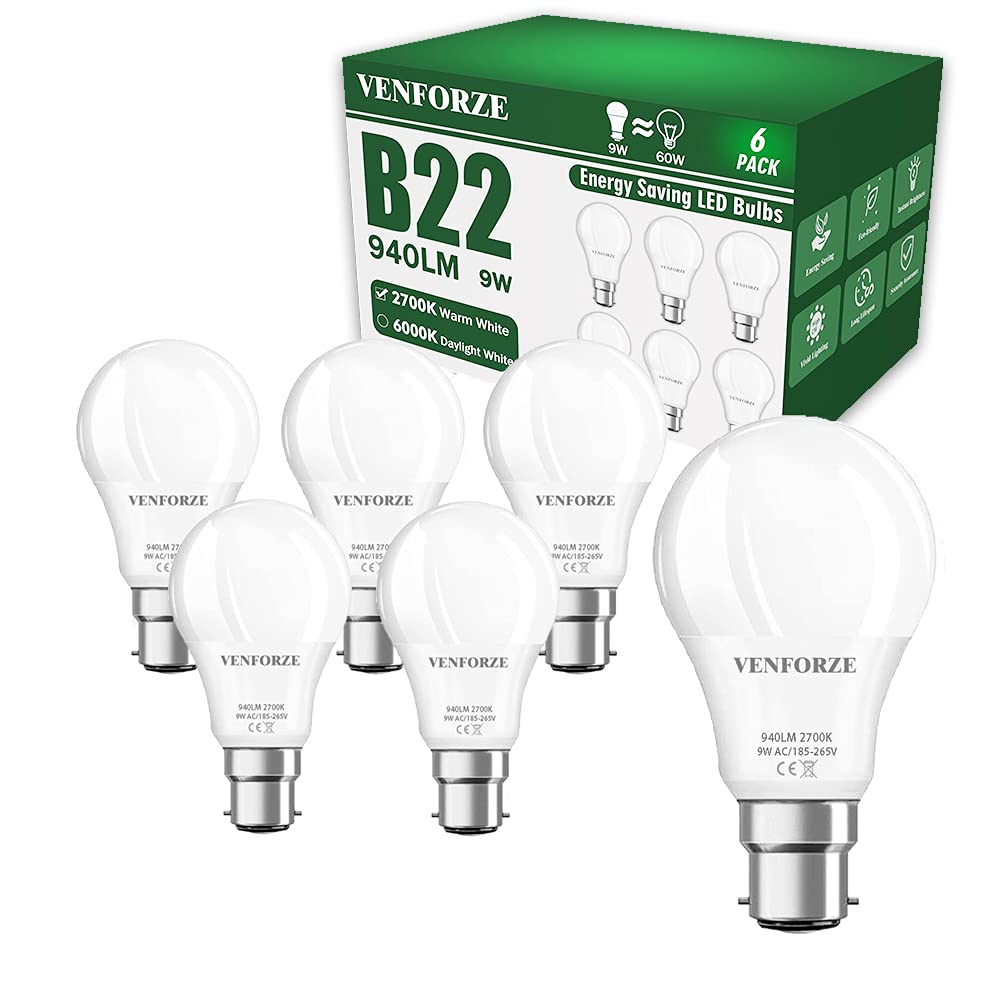 Venforze Bayonet Light Bulbs, 9W(Equivalent to 60W) 2700K Warm White B22 LED Bulb, 940LM A60 Bayonet Bulbs, Non Dimmable BC GLS Energy Saving Light Bulbs, Pack of 6