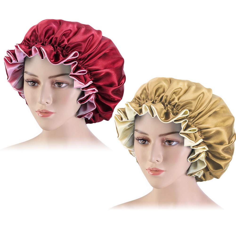 jlon 2 Pieces Satin Hair Bonnet Sleep Cap, Double Layers Satin Silk Bonnet Cap Elastic Hair Band Sleep Hat with Ruffled Edge Hair Bonnet Hat for Girls Women Curly Hair Nightcap