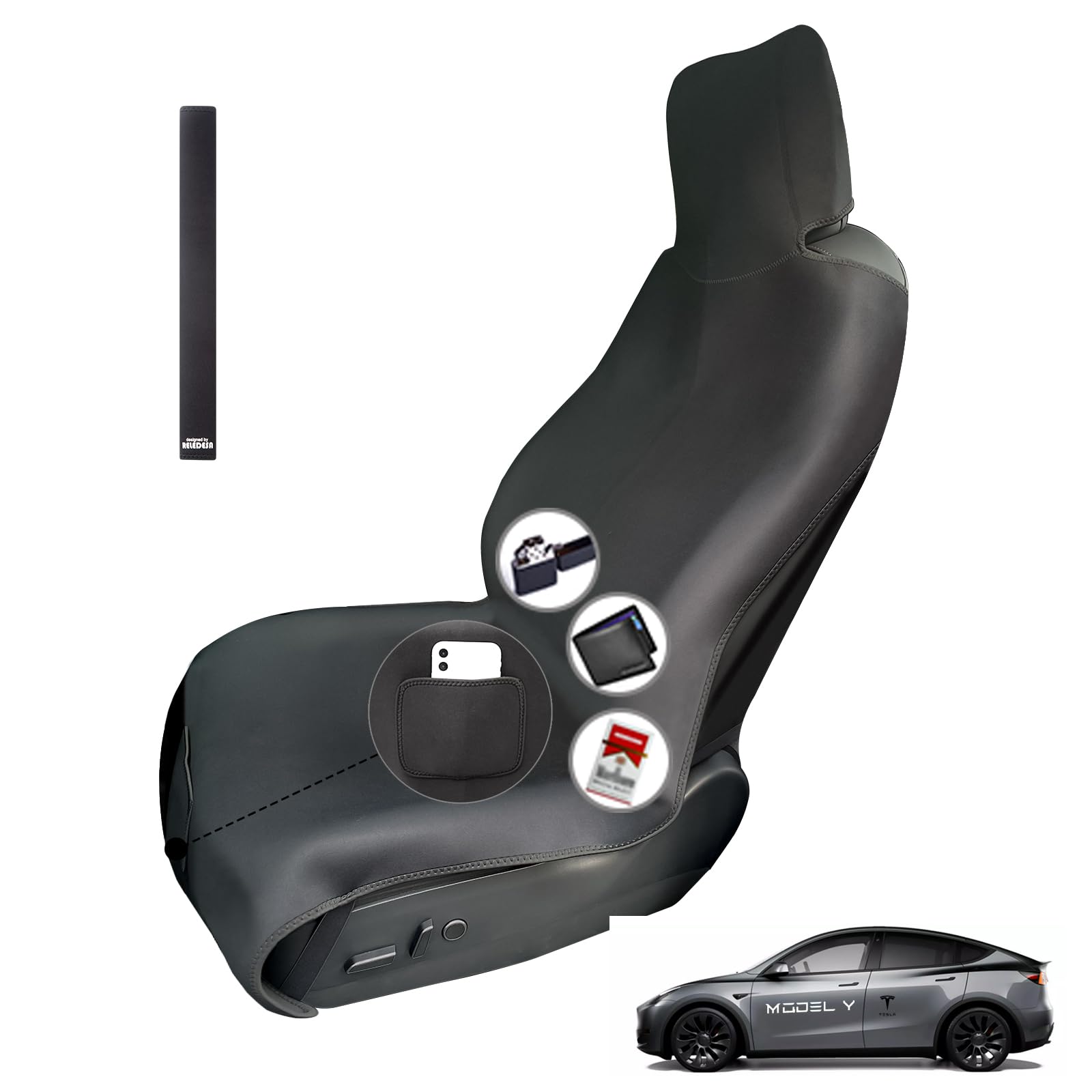 Photo 1 of RELEDESA Tesla Model Y Seat Covers, Upgrade Widened Waterproof Neoprene Front Car Seat Protector for Tesla Model 3 S X,Accessories for Cars Sedan SUV, with 3 Buckle Straps and Storage Pouch (1Pc)