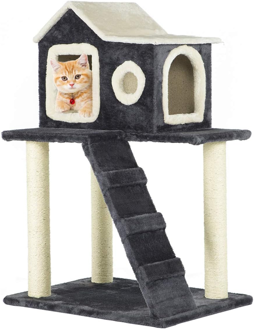 Erommy 35" Pet Cat Tree Play House Condo with Big House, Scratching Posts and Climbing Ladder