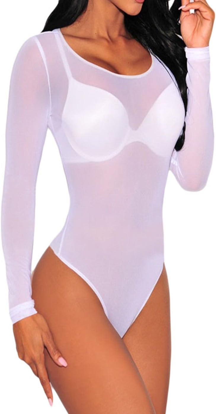 Tiksawon Women Sexy Long Sleeve Sheer Mesh Leotard Bodysuit Tops S White