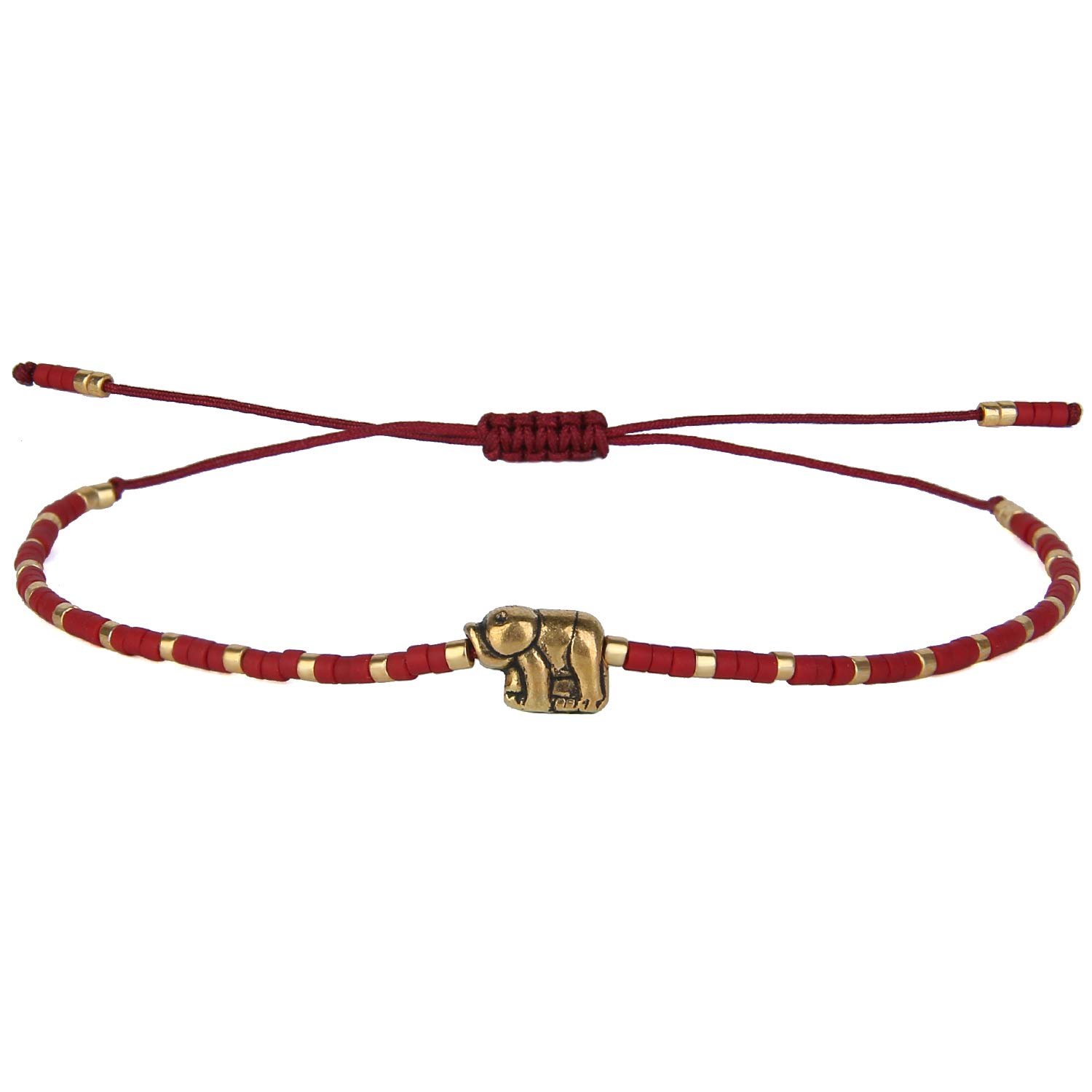 KELITCH Seed Beaded Bracelet Strand Bracelets Gold Elephant Handmade Cuff Bracelet (Red 8E)
