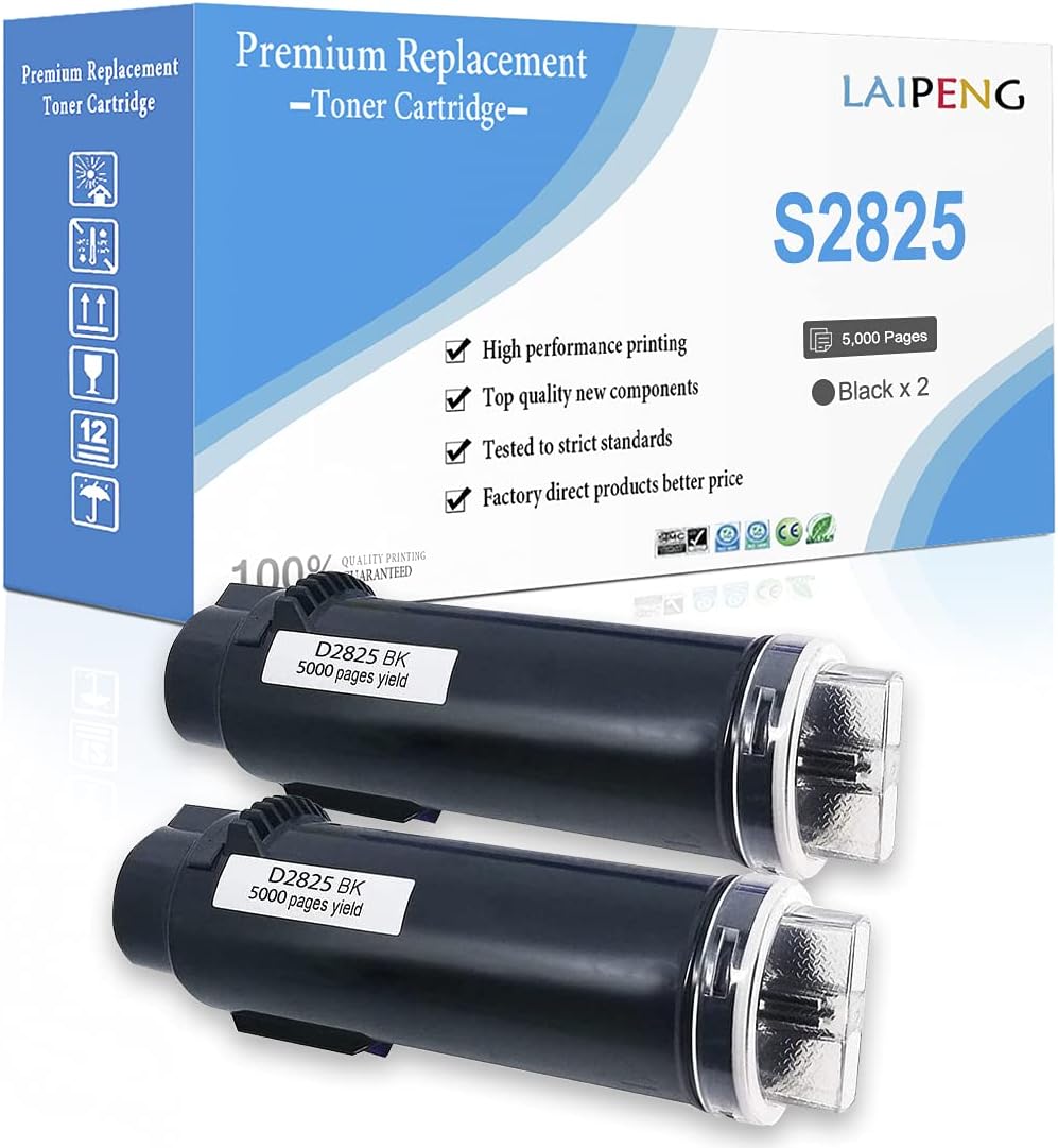 2 Black Compatible Toner Cartridges S2825cdn H625cdw H825cdw High Yield 5000 Pages for Dell Color Laser Printers H625cdw H825cdw S2825cdn
