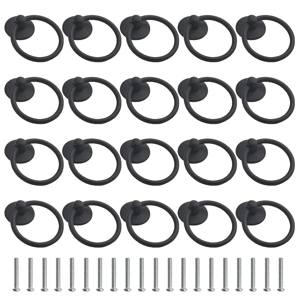 WMYCONGCONG 20 PCS Metal Round Ring Drawer Pulls and Knobs 1.71 Inch Single Hole Cabinet Ring Handles Matte Black Handle Hardware for Dresser Drawers Cupboard Wardrobe