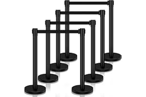 BURVAGY Crowd Control Stanchion,8-Pack Crowd Control Barrier with 6.6ft/2 m Black Retractable Belt,Black Crowd Control Barrier Metal Base,Easy Assembly